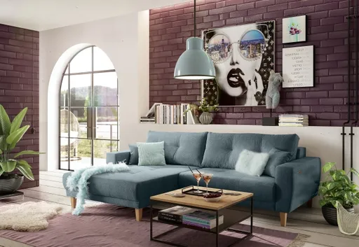 Ecksofa - Ecke links, 3-Sitzer inkl. elektrische Sitztiefenverstellung, Stoff, Azur