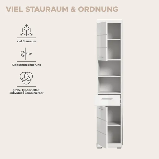 Hochschrank - B ca. 37 cm, Weiß, Weiß Hochglanz