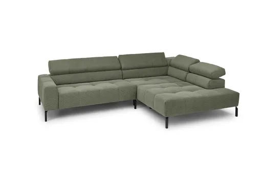 Ecksofa COLLEEN - 2-Sitzer mit Ecke rechts, Kopfteil verstellbar, Feincord, Olive