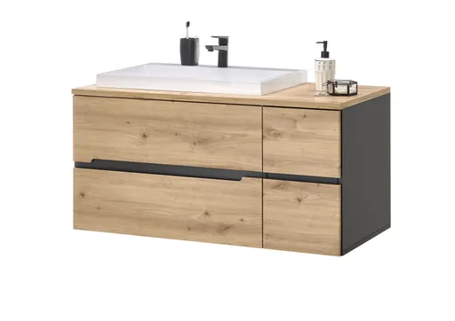 Waschbeckenunterschrank- B ca. 110 cm, Dunkelgrau, Eiche Dekor