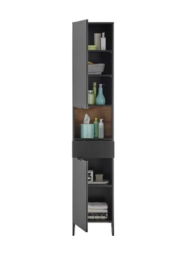 Hochschrank- B ca. 38 cm,  Schwarz Matt, Eiche Dekor