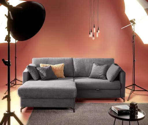 Ecksofa - 1,5-Sitzer, Ecke rechts inkl. Schlaffunktion und Bettkasten, Stoff, Grau