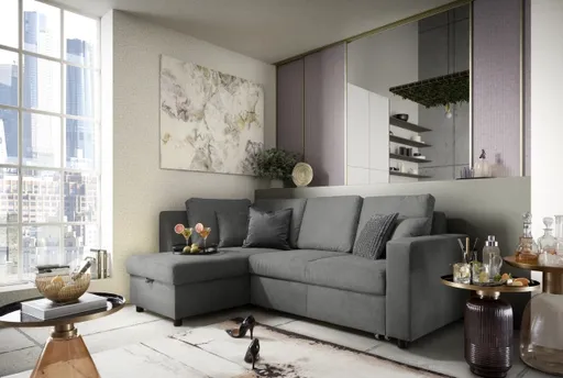 Ecksofa PRO FLEXX - Ecke links, 2-Sitzer inkl. Schlaffunktion und Bettkasten, Stoff, Steingrau