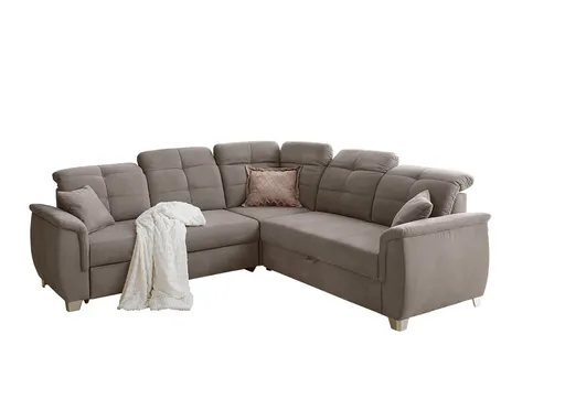 Ecksofa - 2-Sitzer, Ecke rechts inkl. Schlaffunktion mit Bettkasten, 6 Kopfteilverstellungen, 3 Kissen, Stoff Hellbraun