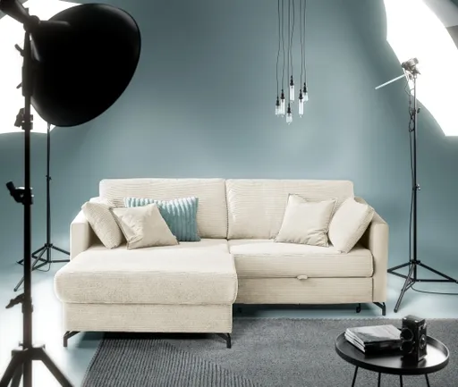 Ecksofa - 1,5-Sitzer, Ecke rechts inkl. Schlaffunktion und Bettkasten, Stoff, Beige