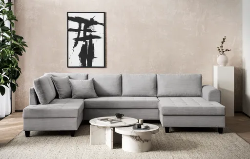 Wohnlandschaft - Longchair links, 2-Sitzer, Ecke rechts inkl. Schlaffunktion mit Bettkasten, Stoff, Hellgrau