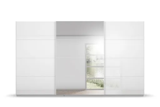 Schwebetürenschrank RIVASA- B ca. 361 cm, Weiß, Weiß Hochglanz, Spiegel