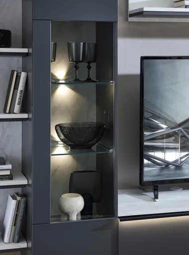 Vitrine - mit Beleuchtung, B ca. 40 cm, Graphit, Marmor Nachbildung hell