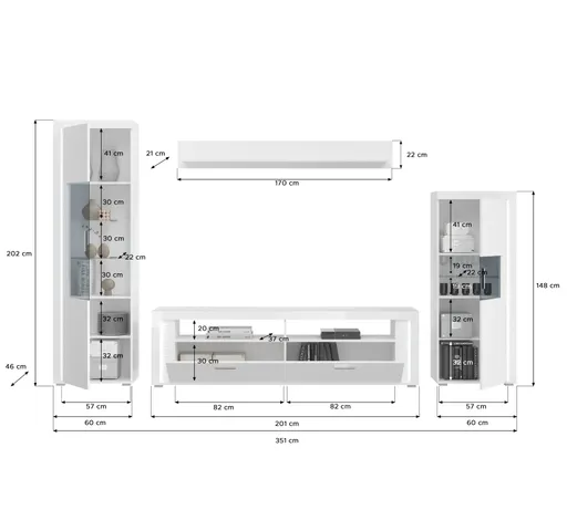 Lowboard - mit Beleuchtung, B ca. 201 cm, Weiß, Weiß Hochglanz