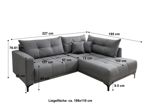 Ecksofa - 2-Sitzer mit Longchair rechts, Stoff, Anthrazit