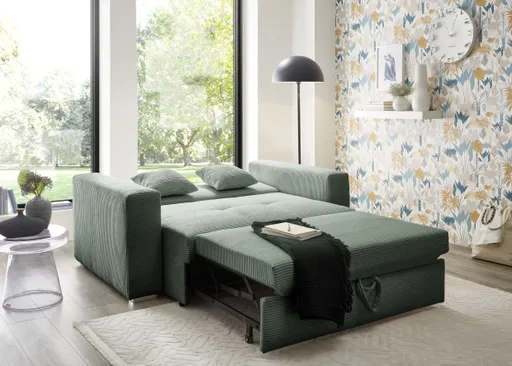 Sofa JORDEN 2 - 2-Sitzer inkl. Schlaffunktion mit Bettkasten, Cord, Grün