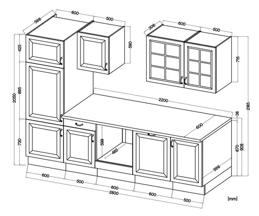 Küchenblock- ohne E-Geräte, B ca. 280 cm, Eiche Dekor, Weiß, Matt