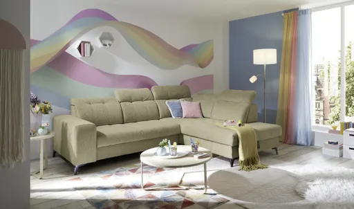 Ecksofa -2-Sitzer mit Ecke rechts, Kopfteil verstellbar, Sitztiefe verstellbar motorisch, Stoff, Sand