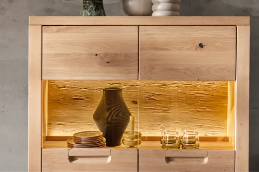 Wohnwand - mit Beleuchtung und Fernbedienung, Eiche Nachbildung, Eiche massiv geölt