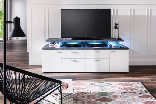 TV-Lowboard - B ca. 180 cm, Weiß, Stone dunkel Nachbildung