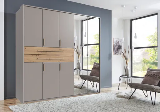 Drehtürenschrank- B ca. 225 cm, Saharagrau, Eiche Dekor