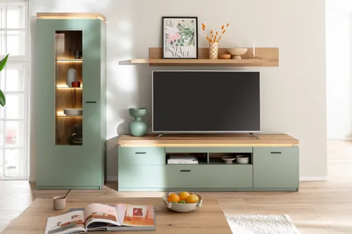 TV-Lowboard - mit Beleuchtung, B ca. 195 cm, Salbeigrün, Eiche Evoke Nachbildung