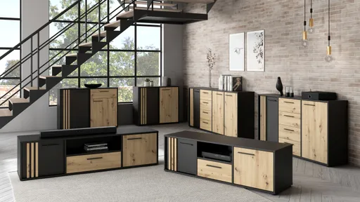 Sideboard FLORISS- Schwarz, Eiche Dekor