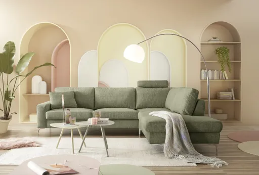 Ecksofa CALM 2.0 - 2,5-Sitzer mit Ecke rechts, Schlaffunktion mit Bettkasten, Stoff, Dunkelgrün