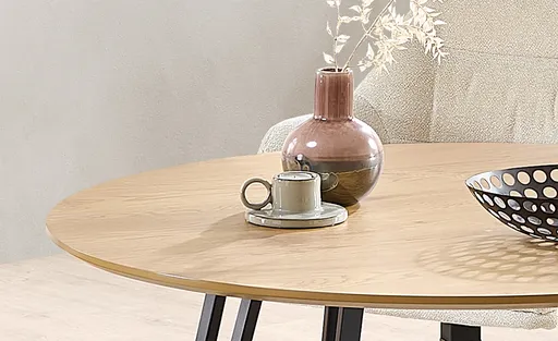 Esstisch - Ø/H ca. 100x75 cm, Eiche Optik, Schweizer Kante, Schwarz