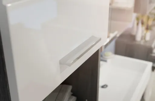 Hochschrank - B ca. 37 cm, Rauchsilber, Weiß Hochglanz