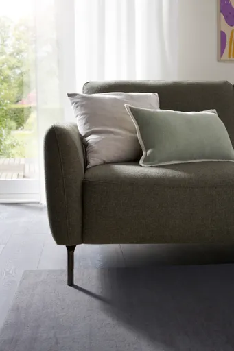 Ecksofa Leona - 3-Sitzer mit Longchair rechts inkl. Sitzvorzug motorisch, Stoff, Braungrün