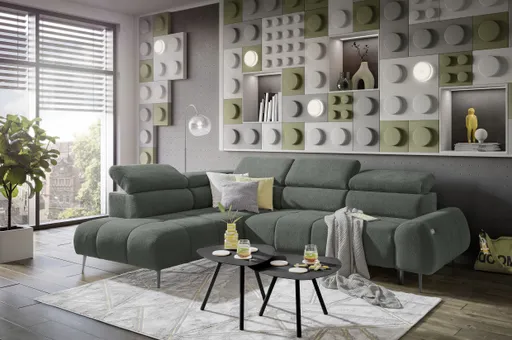 Ecksofa - Ecke links mit 2-Sitzer, Sitzvorzug motorisch, Kopfteil verstellbar, Stoff, Moos
