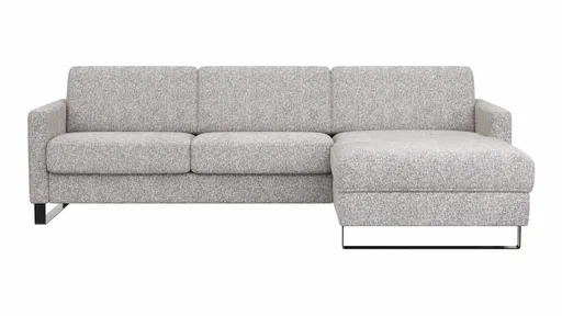 Schlafsofa Laredo - 2-Sitzer mit Longchair rechts inkl. Schlaffunktion mit Bettkasten, Stoff, Graubeige