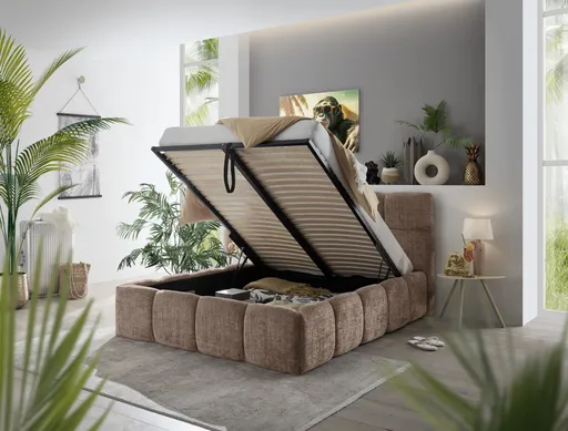 Bettgestell SANDRIN R- Liegefläche ca. 140x200 cm, Stoff, Rose, inkl Latterost und Stauraum