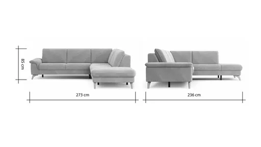 Ecksofa Tulsa KS - 2,5-Sitzer, Spitzecke und 1,5-Sitzer mit Anstellhocker rechts, Stoff, Graubeige