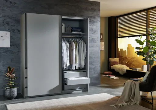 Schwebetürenschrank- B168 cm, Hellgrau, Graphit, Spiegel