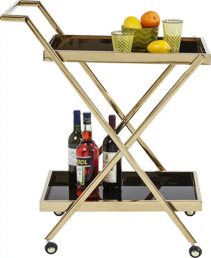 Servierwagen- Edelstahl, Vermessingt, Goldfarben, Glas, Schwarz