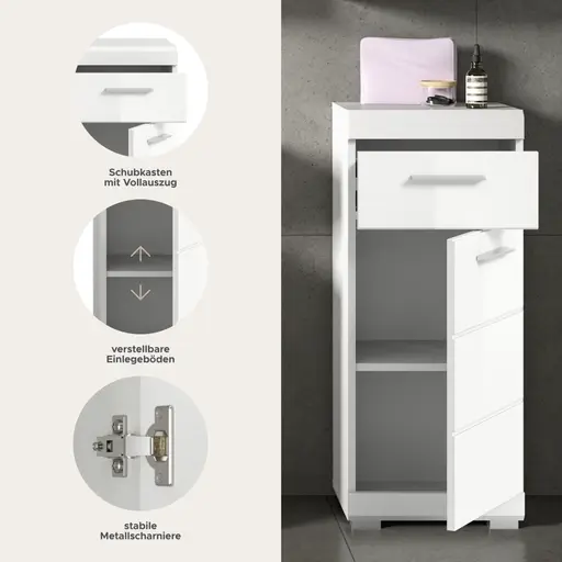 Standschrank - B ca. 37 cm, Weiß, Weiß Hochglanz