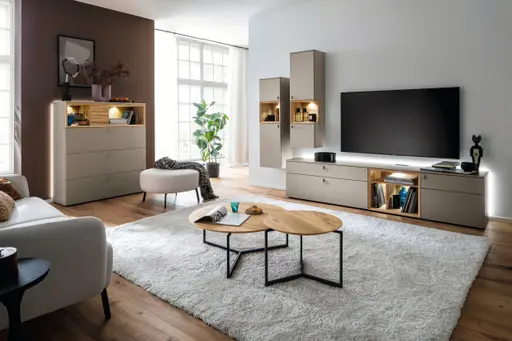 Wohnwand - mit Beleuchtung, Lack Steingrau