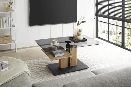 Couchtisch - höhenverstellbar, LBH ca. 105x65x45 cm, Glas grau, Eiche massiv