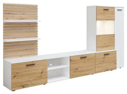 Wohnwand- Weiß, Eiche Dekor