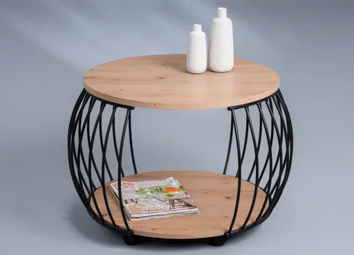 Couchtisch - Ø/H ca. 60x47 cm, Artisan Eiche Nachbildung, Schwarz