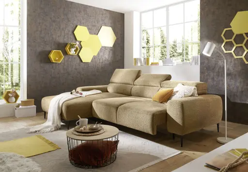 Ecksofa - Longchair links mit 2-Sitzer, Sitzvorzug motorisch, Kopfteil verstellbar, Stoff, Senfgelb