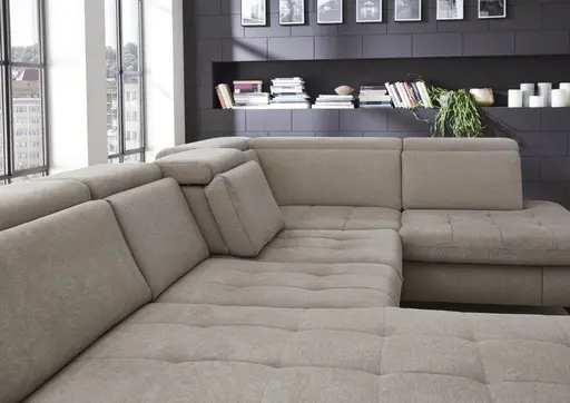 Wohnlandschaft - Longchair links mit 2,5-Sitzer und Ecke rechts, Sitztiefe verstellbar, Stoff, Granit