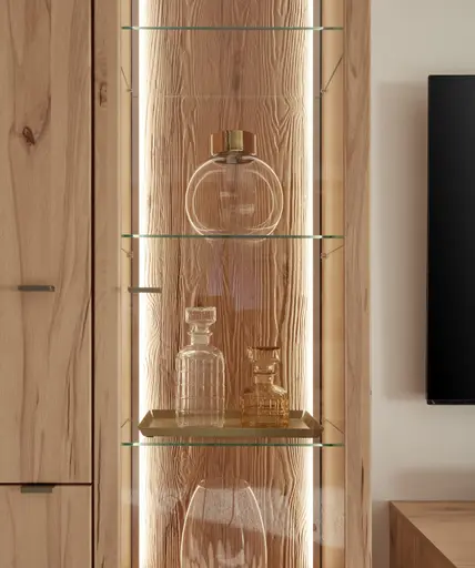 Wohnwand EM Aveiro - mit Wandboard, Beleuchtung, Rückwandschroppung, Balkenbuche Nachbildung