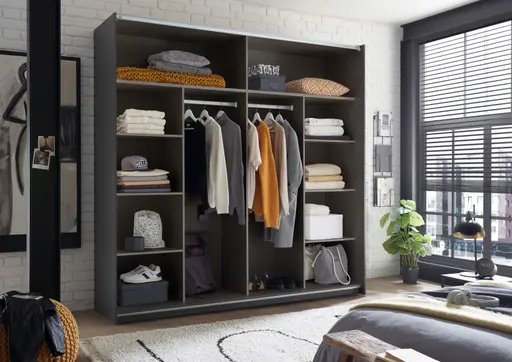 Schwebetürenschrank- B ca. 215 cm, Graphit, Eiche Dekor