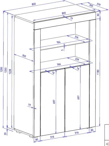Highboard- Weiß, Weiß, Hochglanz, 