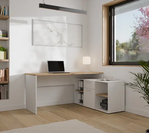 Schreibtisch- LB ca. 160x128 cm, Weiß, Eiche Dekor