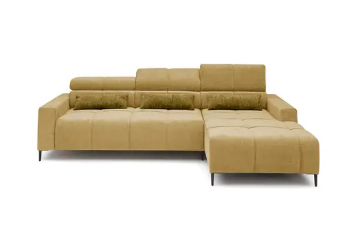 Ecksofa - 2-Sitzer mit Longchair rechts, Sitztiefe verstellbar motorisch/Kopfteil verstellbar, Stoff, Senfgelb