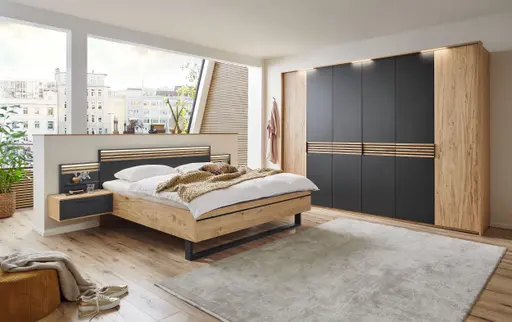 Schlafzimmer - Balkeneiche Lack Basalt, Bauchbinde Riffholz