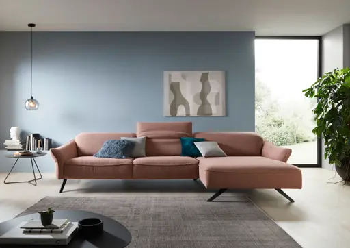 Ecksofa Bormio - 3-Sitzer mit Longchair rechts inklusive Relaxfunktion (motorisch), Stoff, Pfirsich