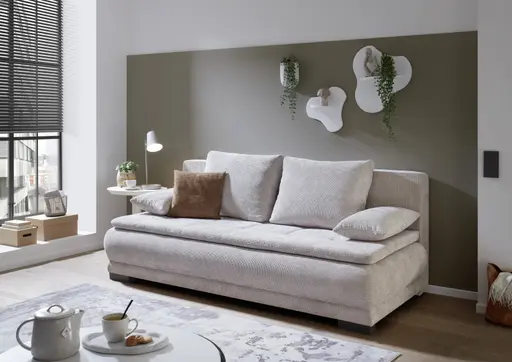 Schlafsofa - 3-Sitzer inkl. Schlaffunktion mit Bettkasten, Stoff, Hellgrau