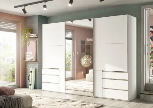 Schwebetürenschrank- B ca. 300 cm, Weiß, Spiegel