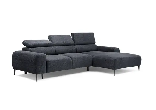 Ecksofa - 2-Sitzer mit Longchair rechts, Sitzvorzug motorisch, Kopfteil verstellbar, Stoff, Schwarzgrau
