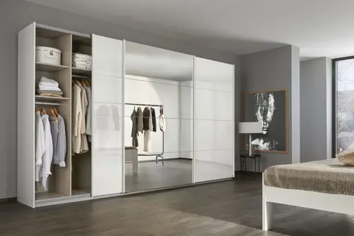 Schwebetürenschrank RIVASA- B ca. 361 cm, Weiß, Weiß Hochglanz, Spiegel